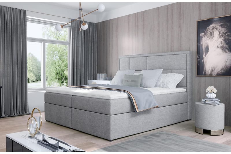 Emeron Komplett Sängpaket 160x200 cm i Tyg med Sänggavel + Bäddmadrass, Grå