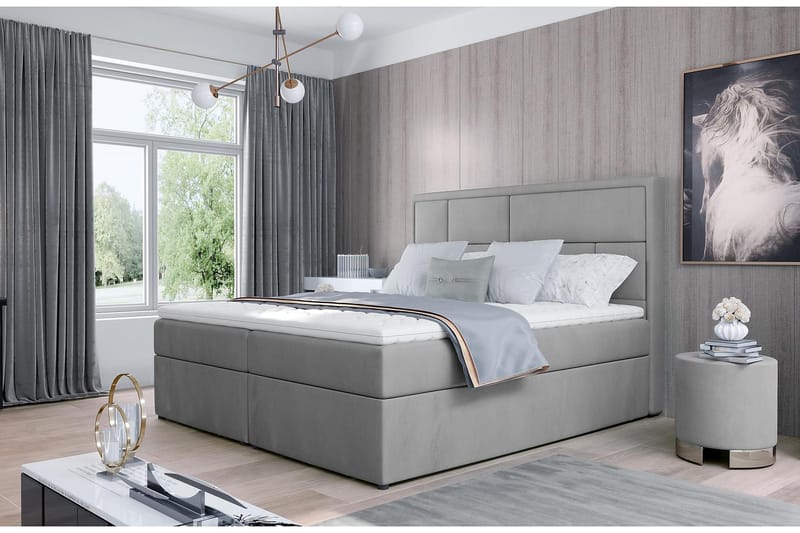 Emeron Komplett Sängpaket 160x200 cm i Tyg med Sänggavel + Bäddmadrass, Grå