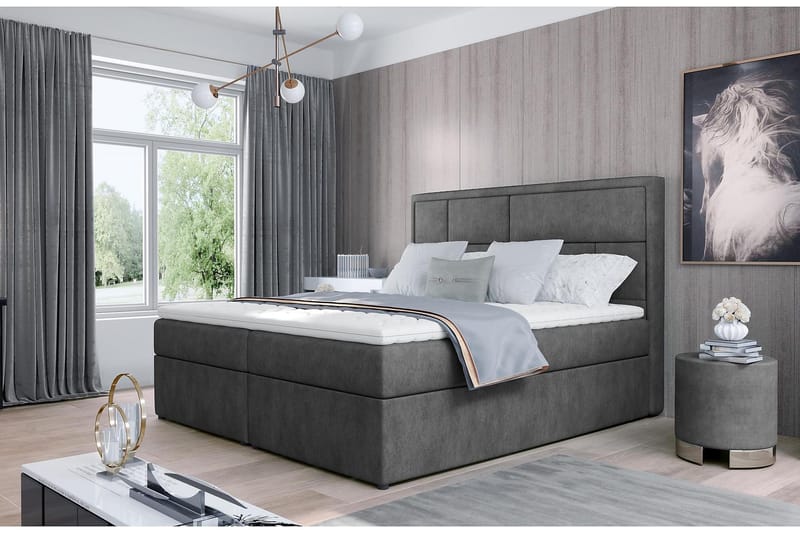 Emeron Komplett Sängpaket 160x200 cm i Tyg med Sänggavel + Bäddmadrass, Grå