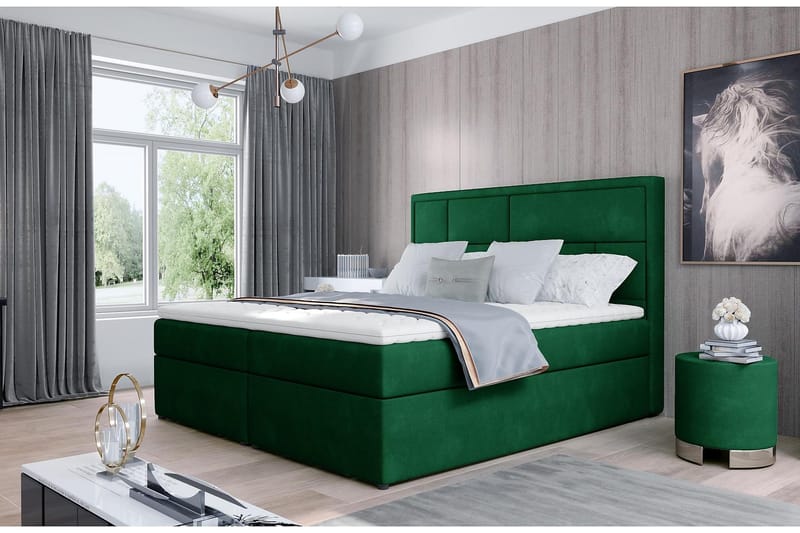 Emeron Komplett Sängpaket 160x200 cm i Tyg med Sänggavel + Bäddmadrass, Grön