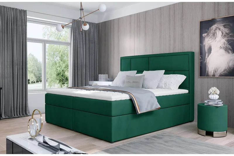 Emeron Komplett Sängpaket 160x200 cm i Tyg med Sänggavel + Bäddmadrass, Grön