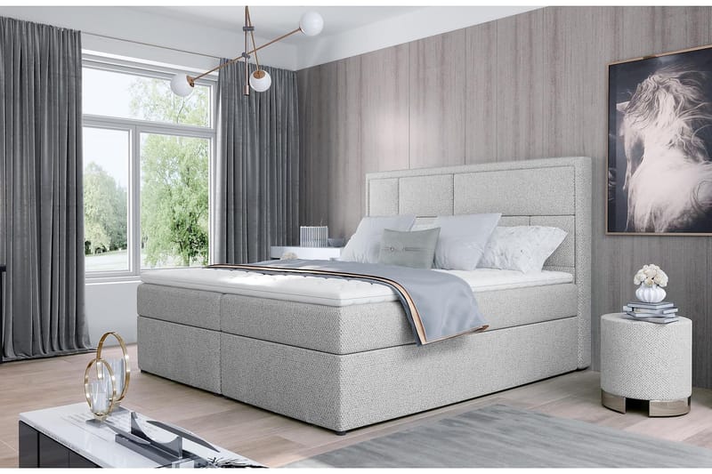 Emeron Komplett Sängpaket 180x200 cm i Bouclé med Sänggavel + Bäddmadrass, Grå