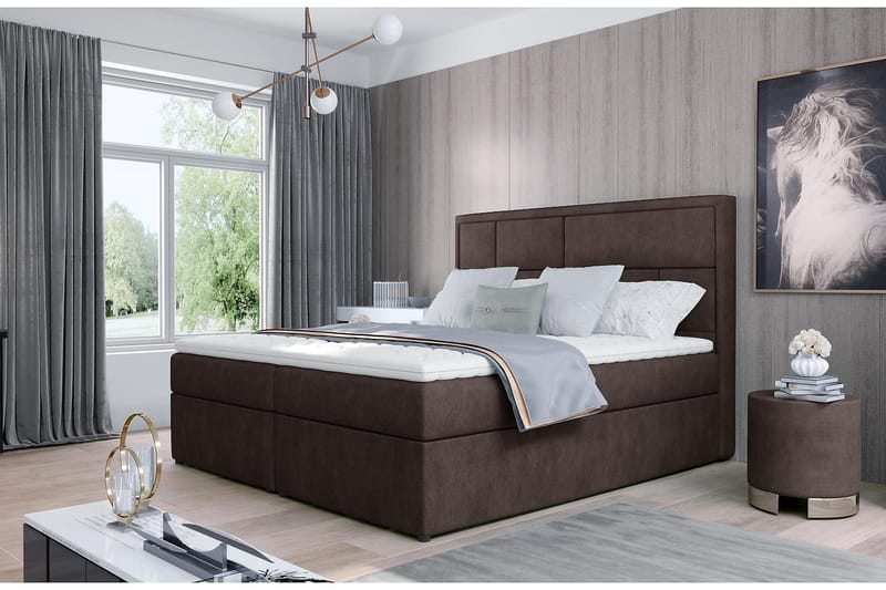 Emeron Komplett Sängpaket 180x200 cm i Tyg med Sänggavel + Bäddmadrass, Brun