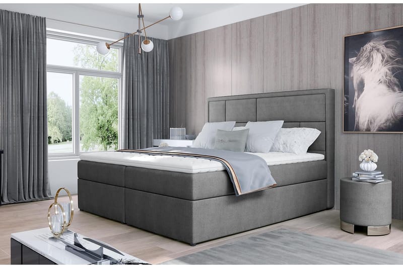Emeron Komplett Sängpaket 180x200 cm i Tyg med Sänggavel + Bäddmadrass, Grå