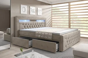 Franco Komplett Sängpaket med förvaring LED-belysning 160x200 cm - Beige / Sammet - Möbler - Sovrum - Sängar - Sängar med förvaring