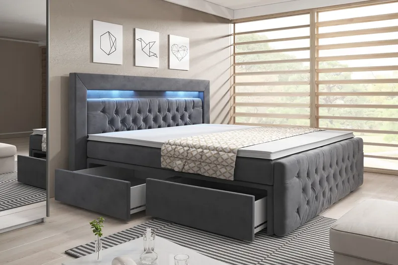 Franco Komplett Sängpaket med förvaring LED-belysning 160x200 cm - Grå / Sammet - Möbler - Sovrum - Sängar - Komplett Sängpaket