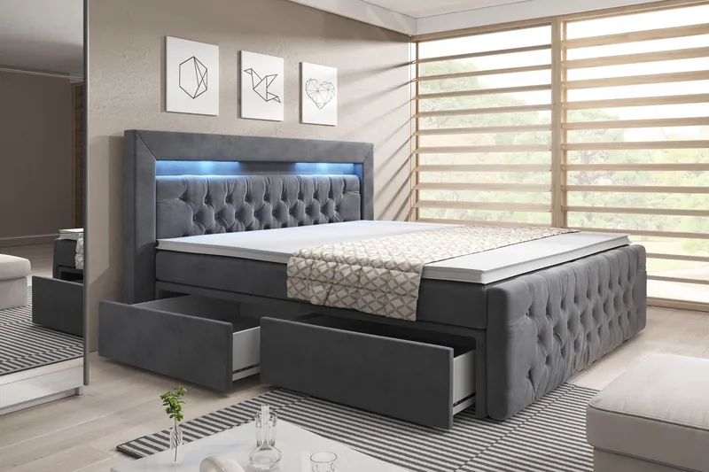 Franco Komplett Sängpaket med förvaring LED-belysning 180x200 cm - Grå / Sammet - Möbler - Sovrum - Sängar - Komplett Sängpaket