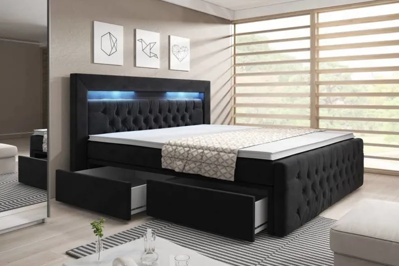 Franco Komplett Sängpaket med förvaring LED-belysning 180x200 cm - Svart / Sammet - Möbler - Sovrum - Sängar - Komplett Sängpaket