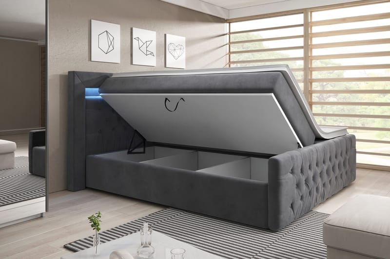 Franco Sängpaket med förvaring LED-belysning 140x200 cm - 140x200 Grå (+Fler val) - Möbler - Sovrum - Sängar - Komplett Sängpaket