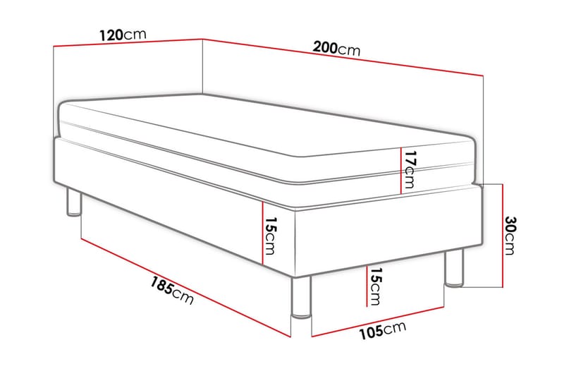 KERANZA Kontinentalsäng 120x200 cm+Panel 40 cm Grå - Komplett Sängpaket