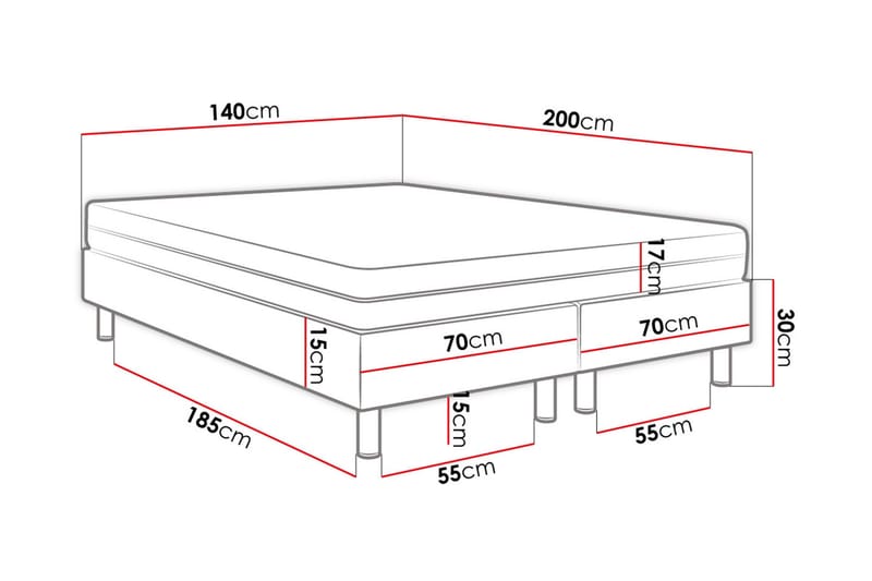 KERANZA Kontinentalsäng 140x200 cm+Panel 30 cm Grå - Komplett Sängpaket