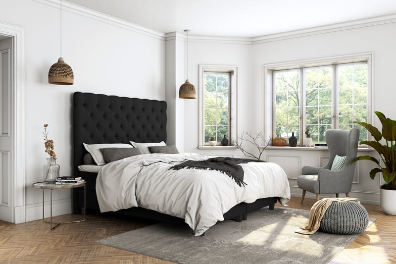 OAKHAM Komplett Sängpaket Säng med Förvaring 160x200 Svart - Royal King Size Sänggavel 160x200 - Möbler - Sovrum - Sängar - Komplett Sängpaket