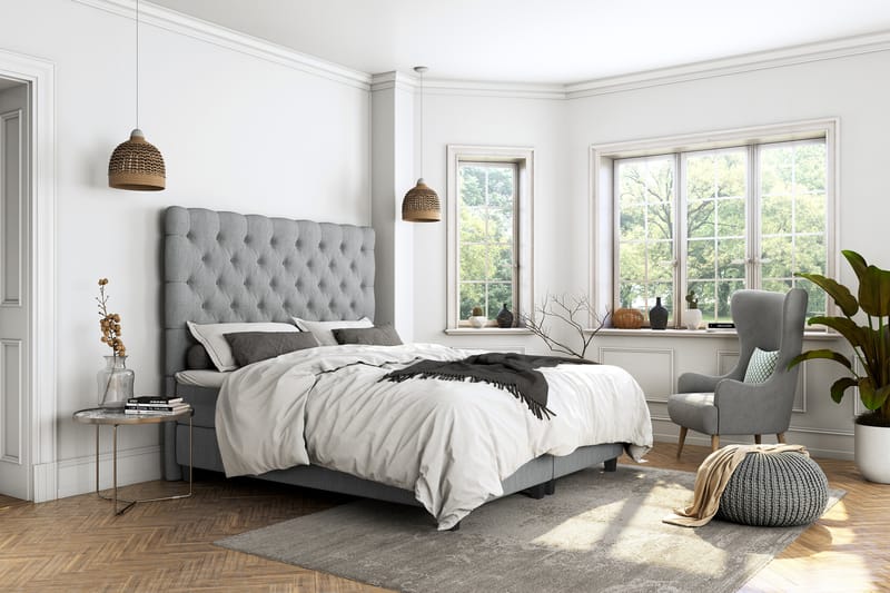 OAKHAM Komplett Sängpaket Säng med Förvaring 90x200 Ljusgrå - Royal Hög Sänggavel 90 cm - Möbler - Sovrum - Sängar - Komplett Sängpaket
