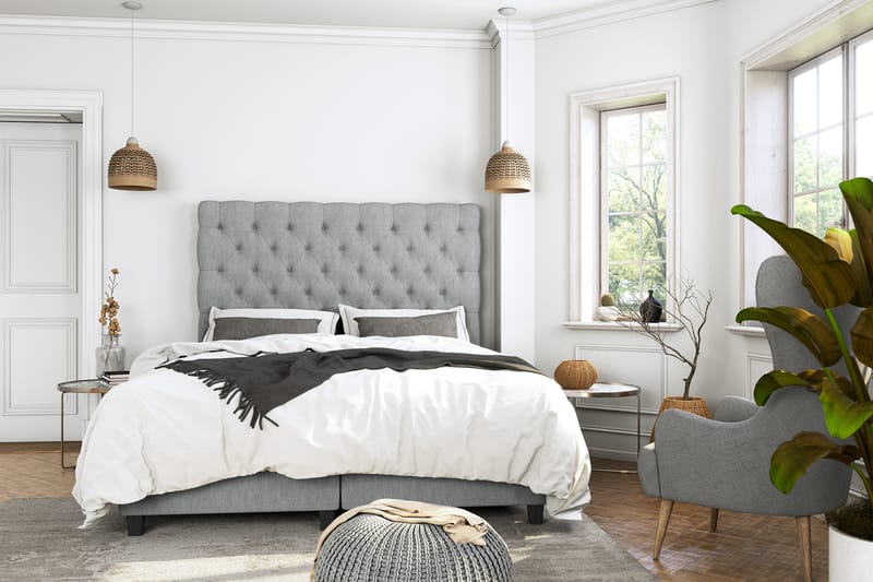 OAKHAM Komplett Sängpaket Säng med Förvaring 90x200 Ljusgrå - Royal Hög Sänggavel 90 cm - Möbler - Sovrum - Sängar - Komplett Sängpaket