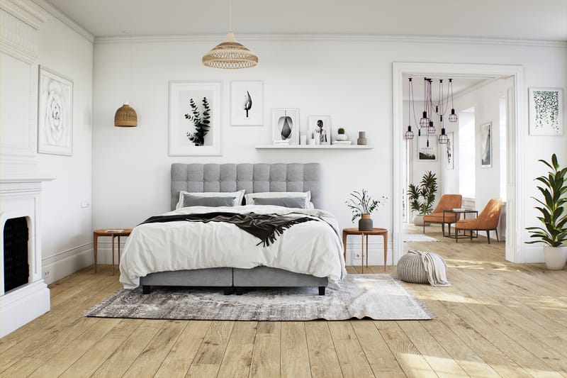 OAKHAM Komplett Sängpaket Säng med Förvaring 90x200 Ljusgrå - Royal Hög Sänggavel 90 cm - Möbler - Sovrum - Sängar - Komplett Sängpaket