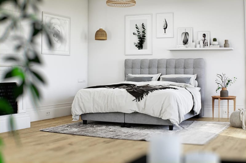 OAKHAM Säng med Förvaring 160x200 Ljusgrå - Komplett Sängpaket - Kontinentalsängar