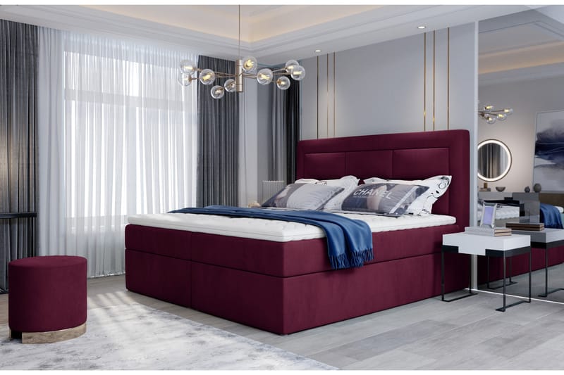Vivera Komplett Sängpaket 140x200 cm i Sammet med Sänggavel + Bäddmadrass, Vinröd