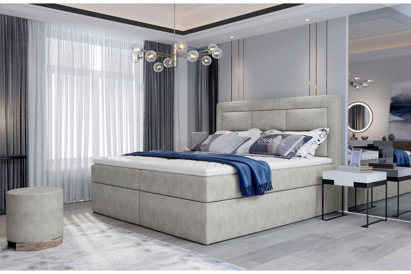 Vivera Komplett Sängpaket 140x200 cm i Velour med Sänggavel + Bäddmadrass, Ljusgrå