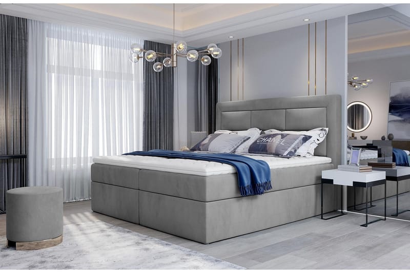 Vivera Komplett Sängpaket 160x200 cm i Tyg med Sänggavel + Bäddmadrass, Ljusgrå