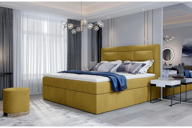 Vivera Komplett Sängpaket 180x200 cm i Sammet med Sänggavel + Bäddmadrass, Senapsgul