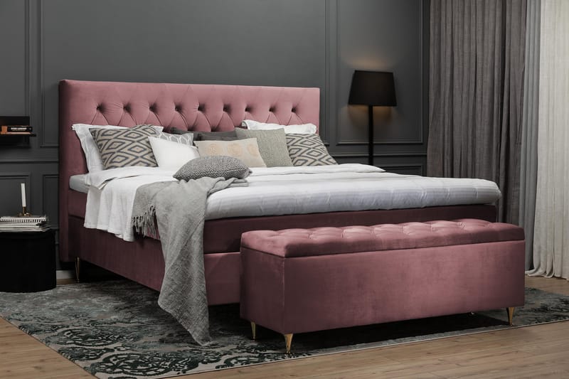 DJURSHOLM Sängpaket 180 Rosa Sammet/Svarta Svarvade Ben - Möbler - Sovrum - Sängar - Kontinentalsängar