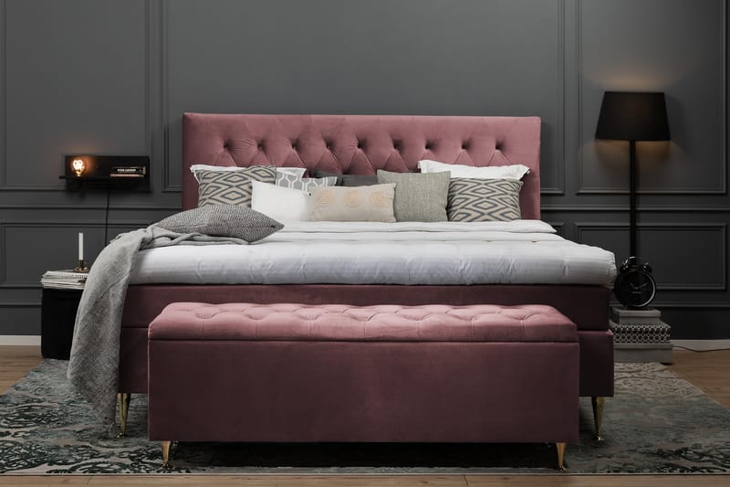 DJURSHOLM Sängpaket 180 Rosa Sammet/Svarta Svarvade Ben - Möbler - Sovrum - Sängar - Kontinentalsängar