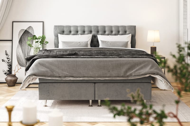 GRAND XL Sängpaket 120x200 cm Grå Sammet - Komplett Sängpaket - Kontinentalsängar