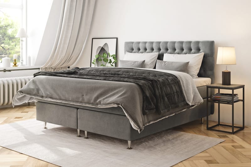 GRAND XL Sängpaket 120x200 cm Grå Sammet - Komplett Sängpaket - Kontinentalsängar