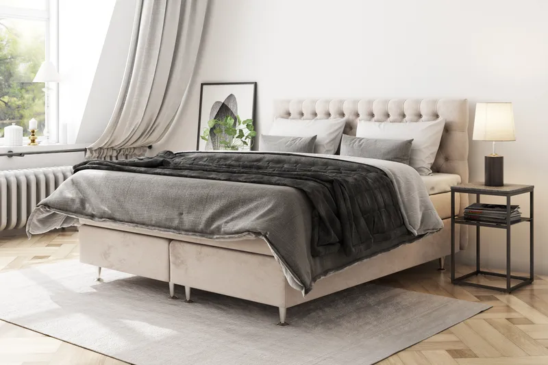GRAND XL Sängpaket 140x200 cm Beige Sammet - Möbler - Sovrum - Sängar - Kontinentalsängar