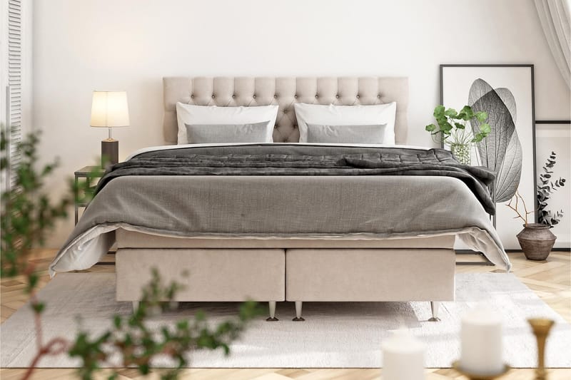 GRAND XL Sängpaket 210x210 cm Beige Sammet - Möbler - Sovrum - Sängar - Kontinentalsängar