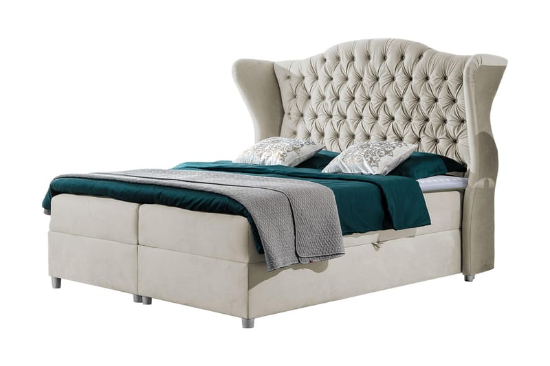 Kontinentalsäng Komplett Sängpaket – Kontinentalsäng 160x200 cm i Tyg med Förvaring, Sänggavel + Bäddmadrass med Fasthetsgrad Medium, Beige