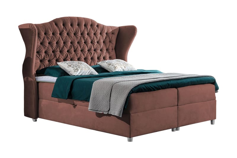 Kontinentalsäng Komplett Sängpaket – Kontinentalsäng 160x200 cm i Tyg med Förvaring, Sänggavel + Bäddmadrass med Fasthetsgrad Medium, Rosa