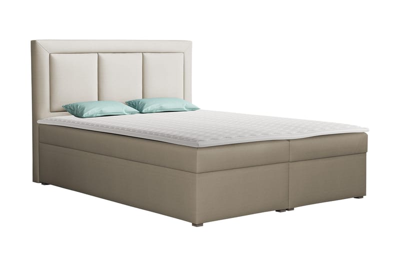 Moden Komplett Sängpaket – Kontinentalsäng 140x215 cm i Tyg med Förvaring, Sänggavel + Bäddmadrass med Fasthetsgrad Mjuk, Beige
