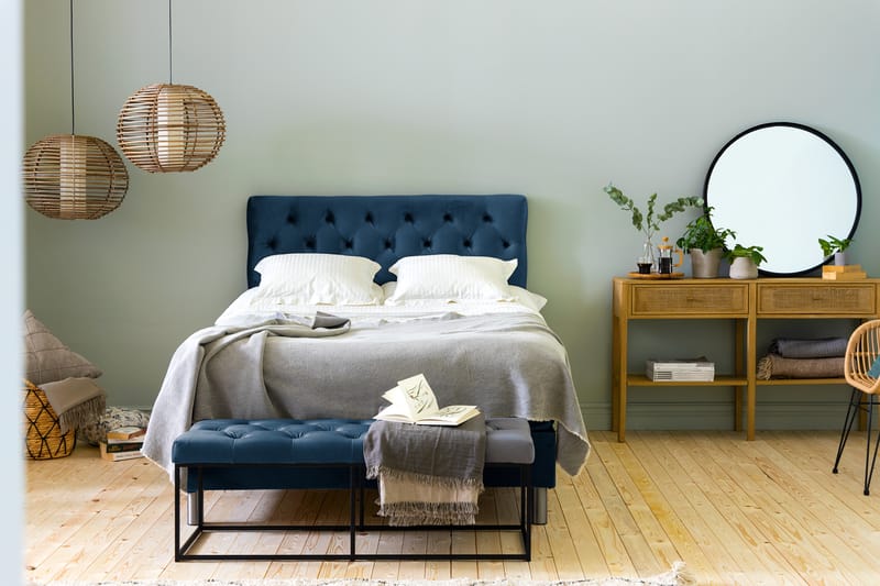 NOVELLA Sängpaket 120x200 cm Djuphäftad Gavel Mörkblå/Sammet - Möbler - Sovrum - Sängar - Komplett Sängpaket