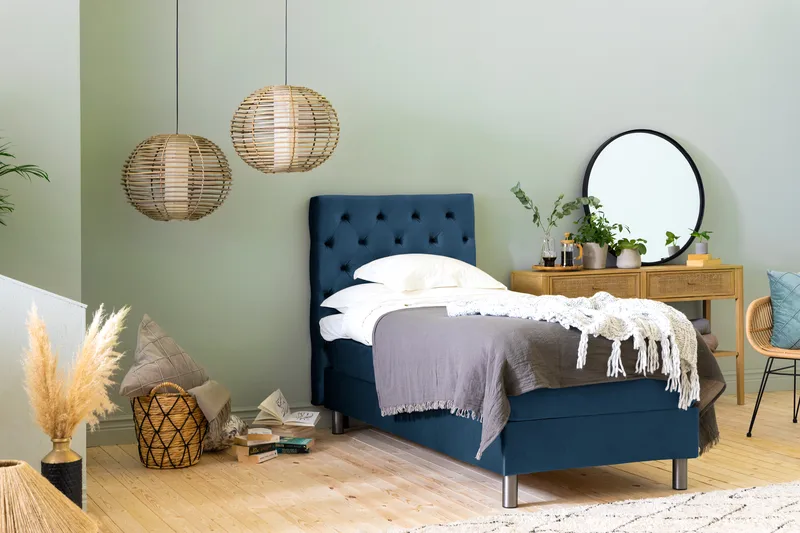 NOVELLA Sängpaket 90x200 cm Djuphäftad Gavel Mörkblå/Sammet - Möbler - Sovrum - Sängar - Kontinentalsängar