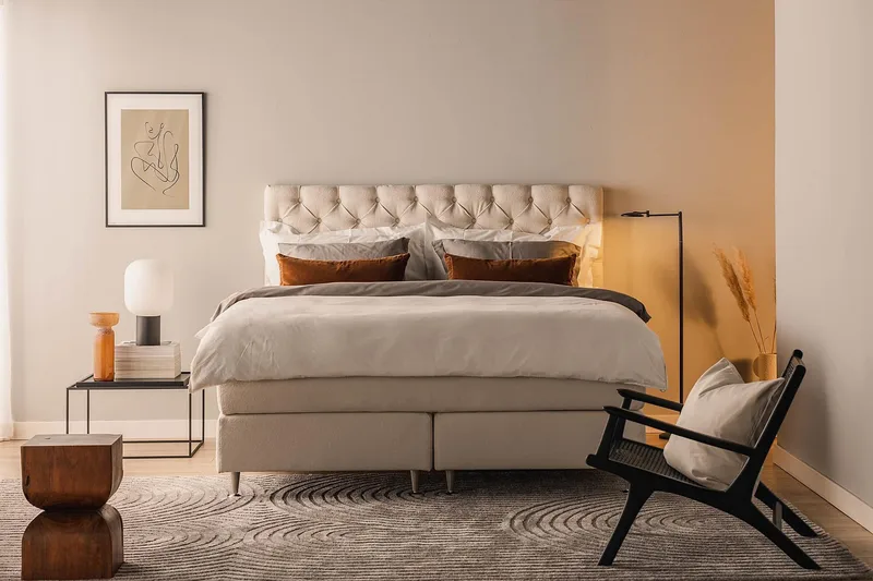 Oslo Lyx Sängpaket Boucle 160x200 Djuphäftad gavel - Ljusbeige - Möbler - Sovrum - Sängar - Kontinentalsängar