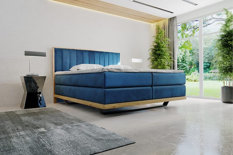 Oslund Komplett Sängpaket – Kontinentalsäng 140x200 cm i Sammet med Sänggavel + Bäddmadrass, Blå