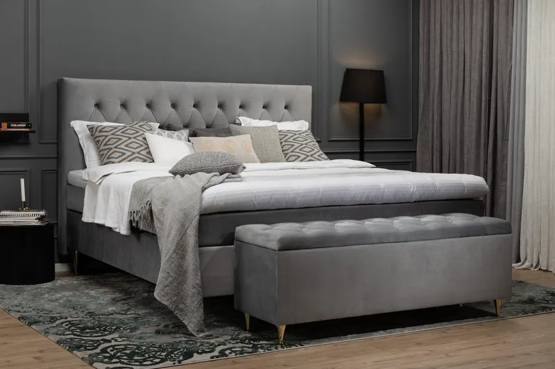 Royal Velvet Komplett Sängpaket 160x200 cm - Ljusgrå med Låga Guldben - Möbler - Sovrum - Sängar - Kontinentalsängar