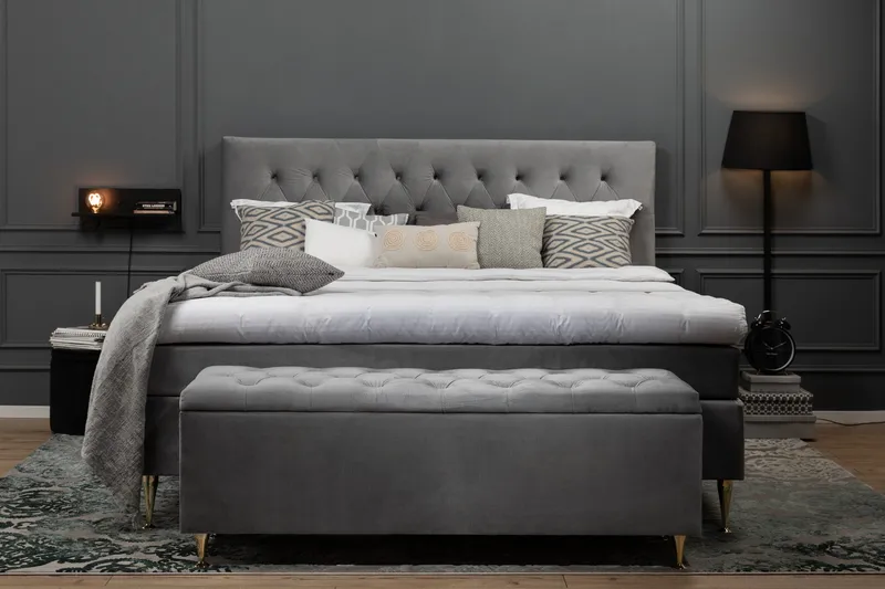 Royal Velvet Komplett Sängpaket 160x200 cm - Ljusgrå med Låga Guldben - Möbler - Sovrum - Sängar - Kontinentalsängar