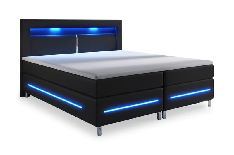 SIENNA LYX Sängpaket 160 LED Sänggavel Konstläder Svart - Komplett Sängpaket - Kontinentalsängar