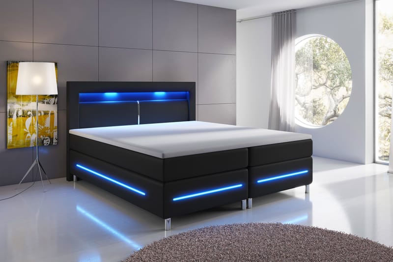 SIENNA LYX Sängpaket 160 LED Sänggavel Konstläder Svart - Komplett Sängpaket - Kontinentalsängar