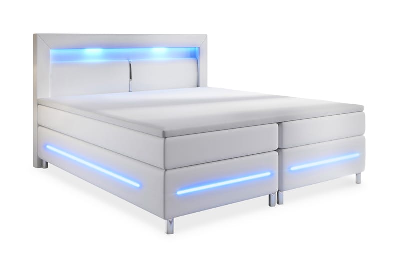 SIENNA LYX Sängpaket 160 LED Sänggavel Konstläder Vit - Komplett Sängpaket - Kontinentalsängar