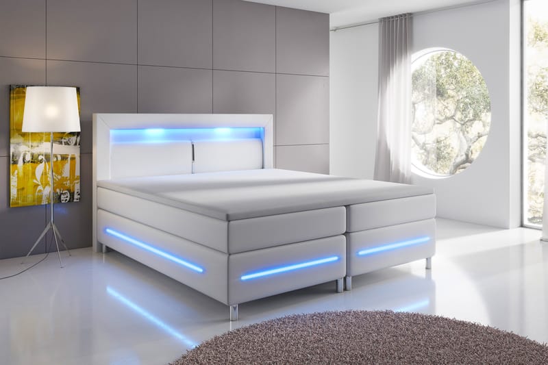 SIENNA LYX Sängpaket 180 LED Sänggavel Konstläder Vit - Komplett Sängpaket - Kontinentalsängar