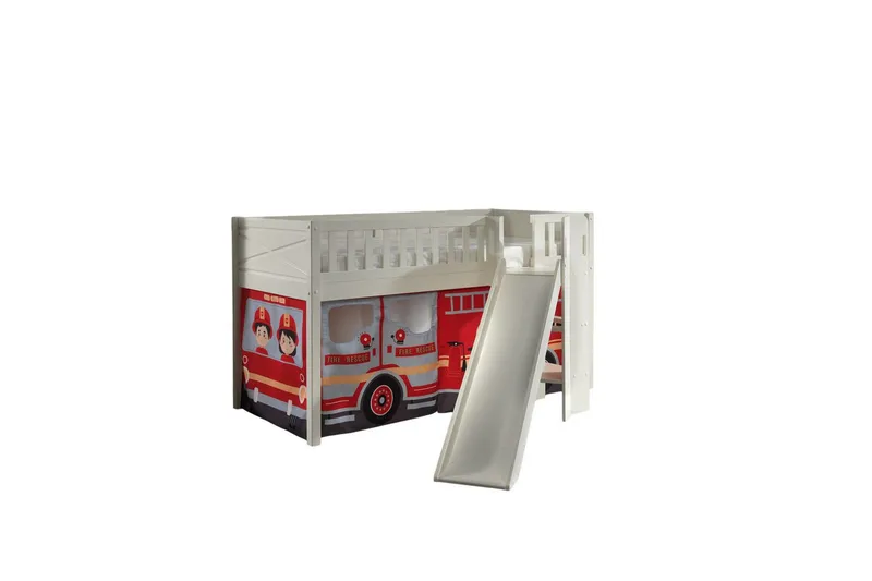 Mellanstegsäng med rutschkana och matchande textilset (lekgardin) Scott Brandbil - Brandbil - Möbler - Sovrum - Sängar - Våningssängar & loftsängar