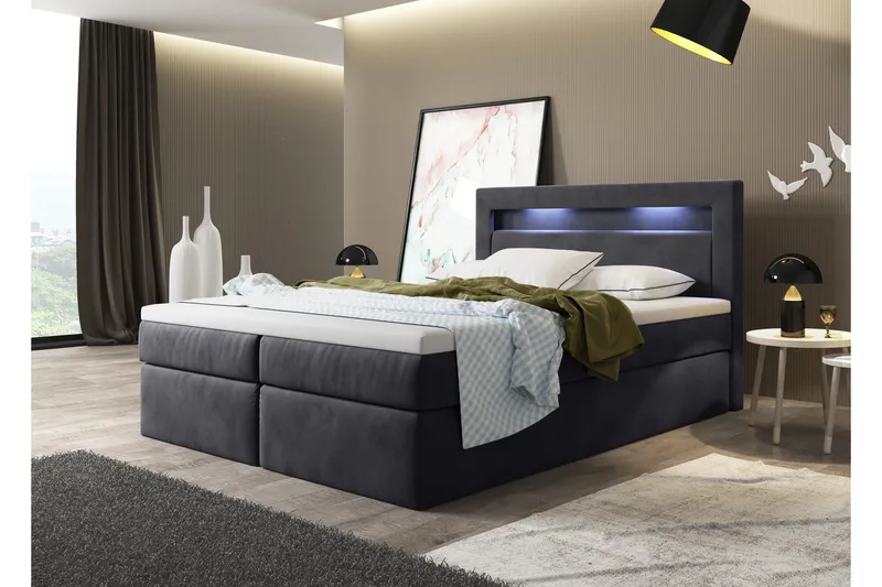 Oscar Komplett Sängpaket – Kontinentalsäng 140x200 cm i Sammet med Sänggavel + Bäddmadrass, Antracit
