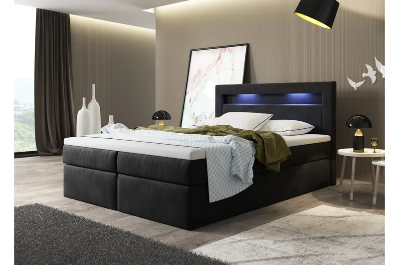 Oscar Komplett Sängpaket – Kontinentalsäng 140x200 cm i Sammet med Sänggavel + Bäddmadrass, Svart