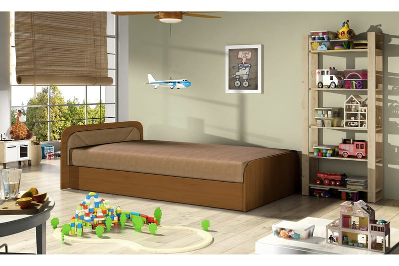 Bohi Komplett Sängpaket – Ramsäng 80x190 cm i Tyg med Sänggavel + Bäddmadrass med Träram, Brun