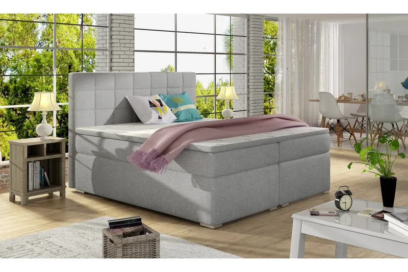 Cassaundra Komplett Sängpaket – Ramsäng 160x200 cm i Tyg med Sänggavel + Bäddmadrass, Grå