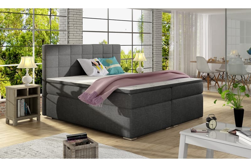 Cassaundra Komplett Sängpaket – Ramsäng 180x200 cm i Tyg med Sänggavel + Bäddmadrass, Grå