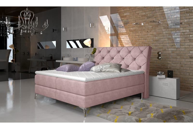Comine Komplett Sängpaket – Ramsäng 160x200 cm i Tyg med Sänggavel + Bäddmadrass, Rosa